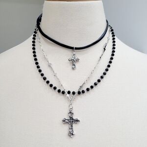 Brand New Top Fashion Black & Silver Cross Choker Chain Necklace